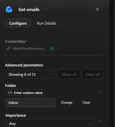 Configuration of the Get mails step in the Copilot Studio workflow